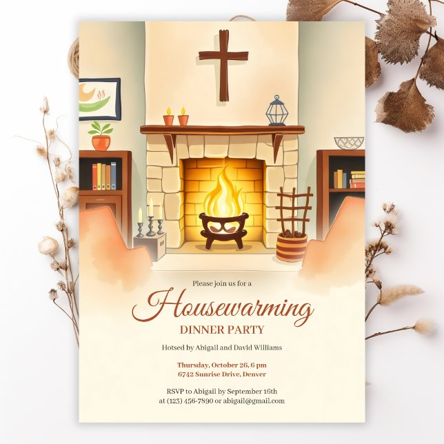 Christian Housewarming Cozy Fireplace Dinner Party Invitation (Christian Housewarming Invitation Cozy Fireplace Dinner Party Card Invitation)