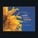 Christian Inspirational Bible Verse Church Invite Postcard<br><div class="desc">Inspirational bible quote to let people know that God will cares for you. Peter 5:7 Scripture "Cast All Your Anxiety on him because he cares for you." Wonderful way to share the Lords message the he is here for you. Hand out inspirational cards to your congregation or mail to your...</div>