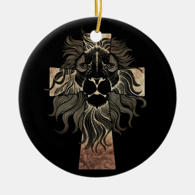 Christian Jesus Lion of Tribe Judah Cross Ceramic Ornament (Front)