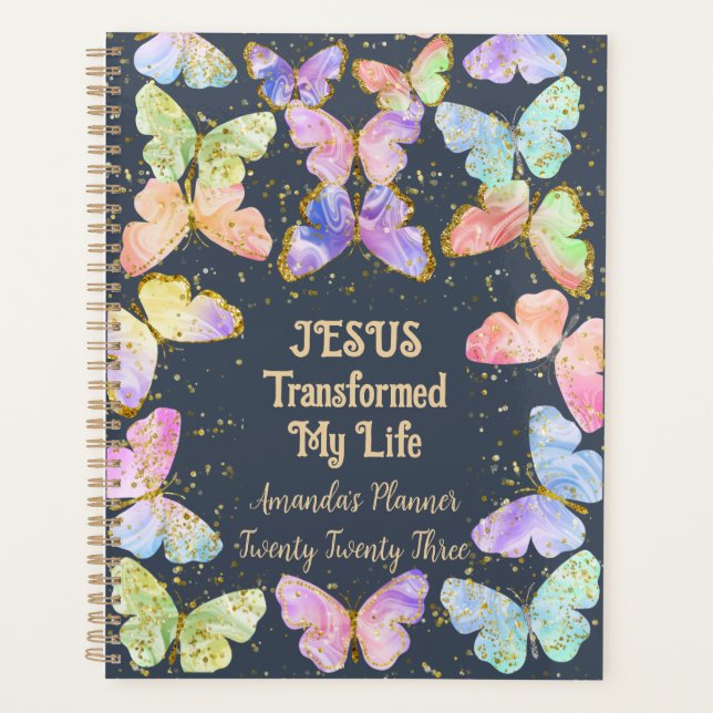 Christian Jesus Transformed My Life Butterfly Gold Planner (Front)