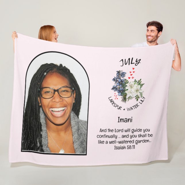 Christian JULY Birth Month Flower NAME PHOTO Fleece Blanket (In Situ)