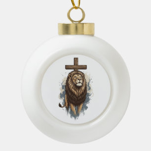 Christian Lion and Cross Vintage Ceramic Ball Christmas Ornament