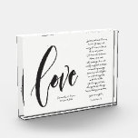 Christian Love is Patient Names Wedding date Photo Block<br><div class="desc">Personalize this modern and elegant 'Love" Script with the famous wedding  bible passage from Corinthians 13 Love is Patient,  Love is kind... 
Give a memorable,  thoughtful keepsake for the newlyweds with this custom photo block.</div>