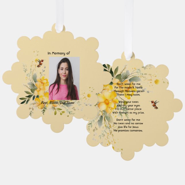 Christian  Memorial  Hummingbird Yellow Roses  Ornament Card (Front/Back)