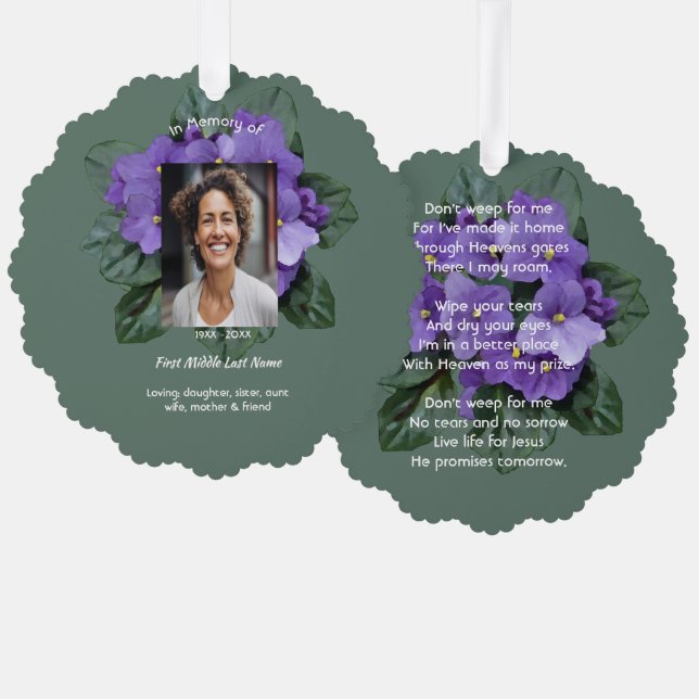 Christian Memorial Keepsake African Violet Ornament Card (Front/Back)