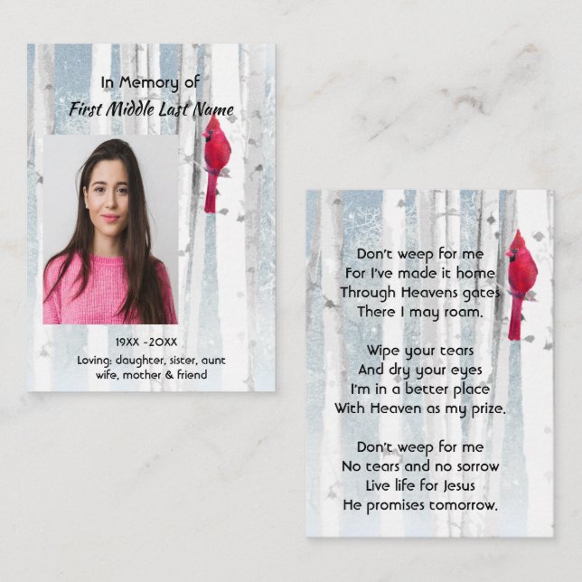 Christian Memorial Keepsake Cardinal Bird Business Card (Front/Back)