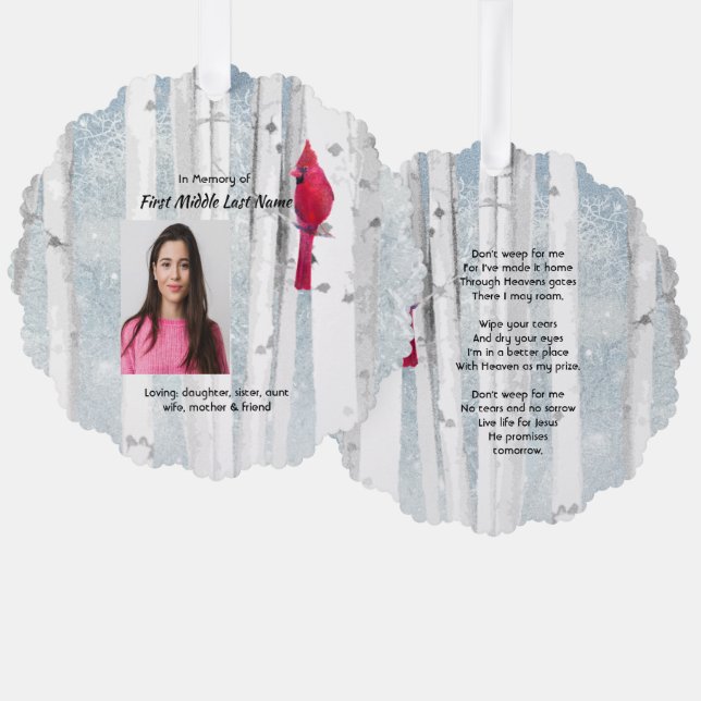 Christian Memorial Keepsake Cardinal Bird Ornament Card (Front/Back)