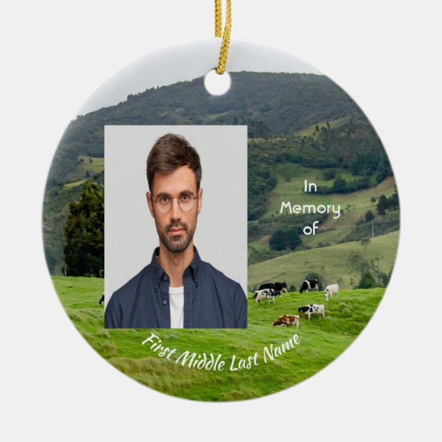 Christian Memorial Keepsake Cattle Farm Landscape  Ceramic Ornament (Front)