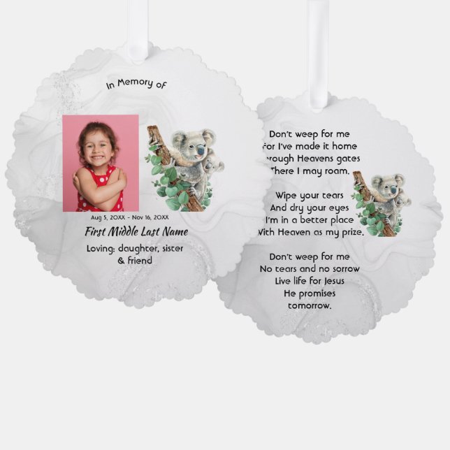 Christian Memorial Keepsake Cute Koala Children Ornament Card (Front/Back)