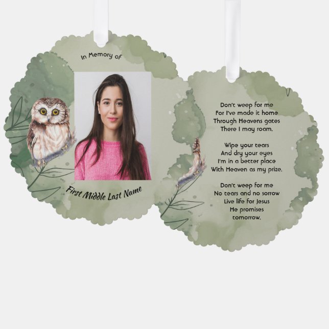 Christian Memorial Keepsake Cute Owl Bird Ornament Card (Front/Back)