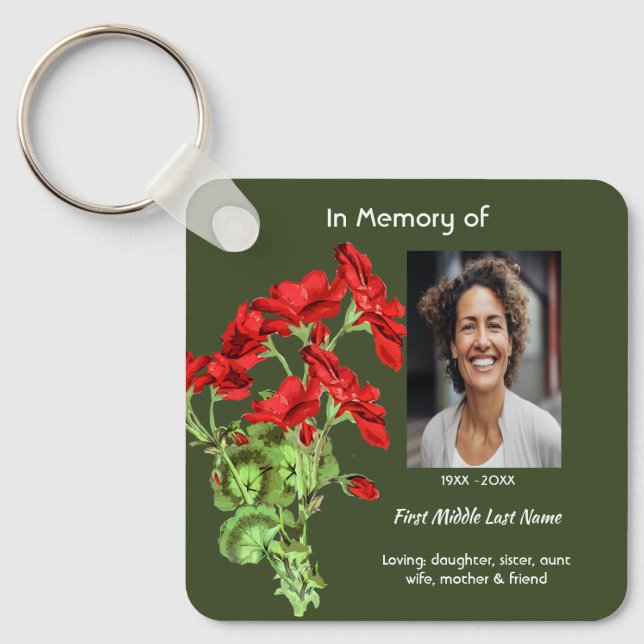 Christian Memorial Keepsake Geranium Flower Keychain (Front)
