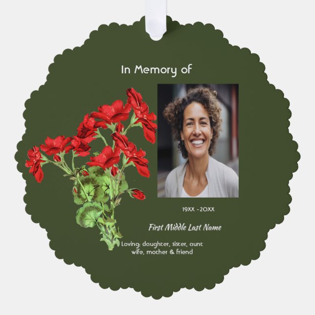Christian Memorial Keepsake Geranium Flower Ornament Card (Front)