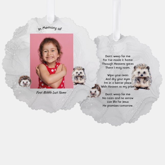 Christian Memorial Keepsake Hedgehog Children   Ornament Card (Front/Back)