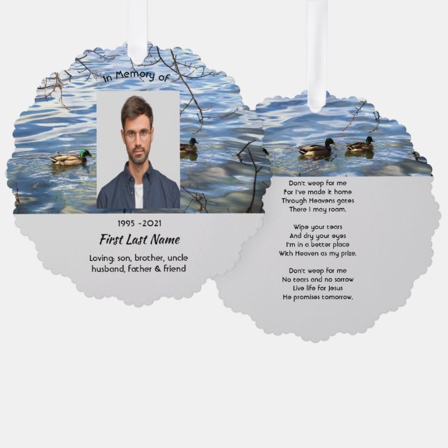 Christian Memorial Keepsake Lake Ducks Birds Ornament Card (Front/Back)