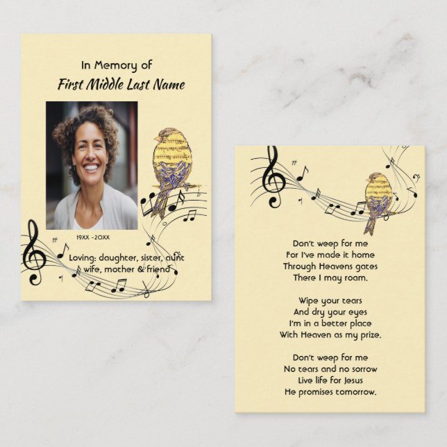 Christian Memorial Keepsake Music Bird Business Card (Front/Back)