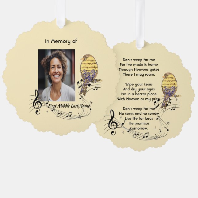 Christian Memorial Keepsake Music Bird Ornament Card (Front/Back)