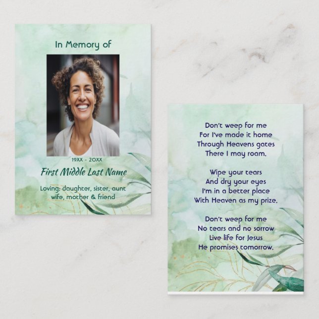 Christian Memorial Keepsake  Watercolor Foliage  Business Card (Front/Back)