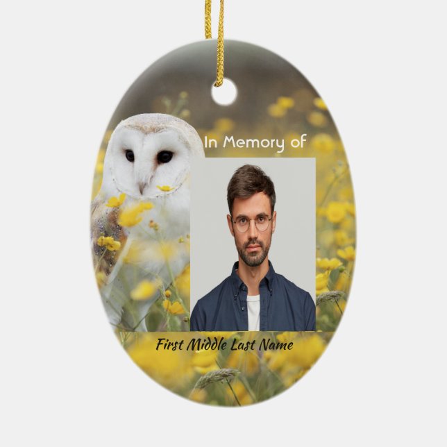 Christian Memorial Photo Barn Owl Bird  Ceramic Ornament (Back)