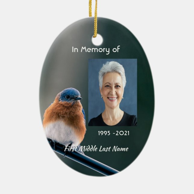 Christian Memorial Photo  Bluebird Garden Bird  Ceramic Ornament (Back)