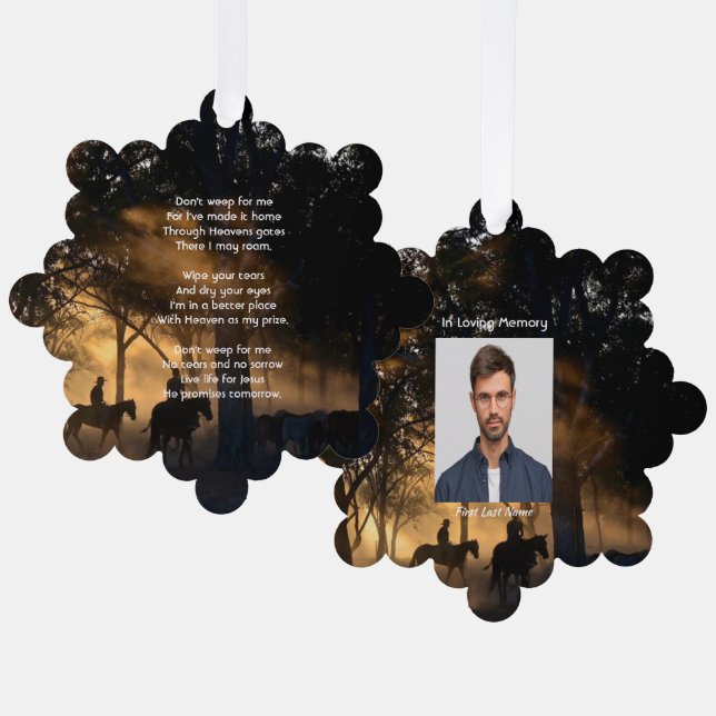 Christian Memorial Photo Forest Trail Walk Horses Ornament Card (Front/Back)