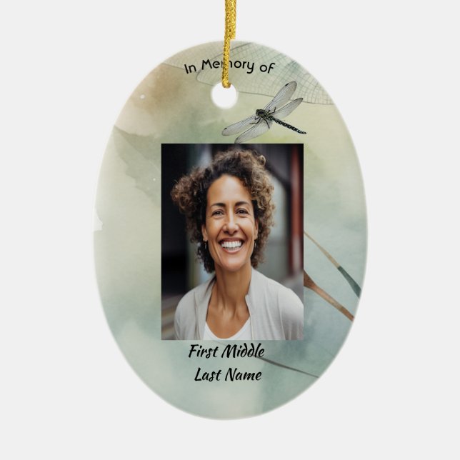 Christian Memorial Photo Keepsake Custom Dragonfly Ceramic Ornament (Front)
