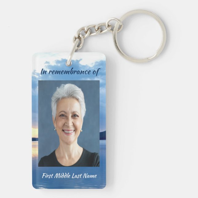 Christian Memorial Photo Lake Sunrise Nature Keychain (Back)