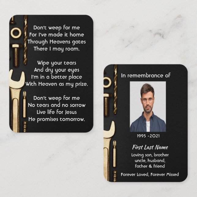 Christian Memorial Photo Prayer Tools Mechanic Business Card (Front/Back)