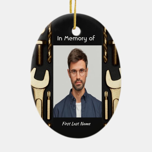 Christian Memorial Photo Prayer Tools Mechanic Ceramic Ornament (Back)