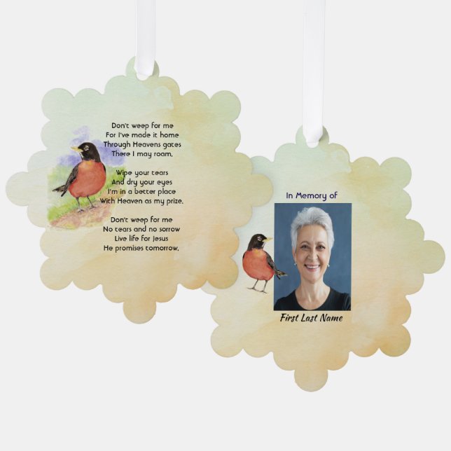 Christian Memorial Photo Robin Garden Bird Ornament Card (Front/Back)