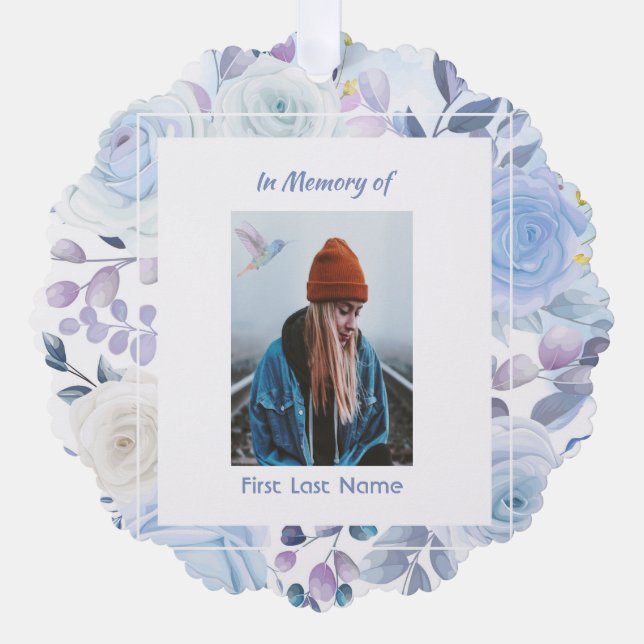 Christian Memory Keepsake Hummingbird Blue Roses  Ornament Card (Front)