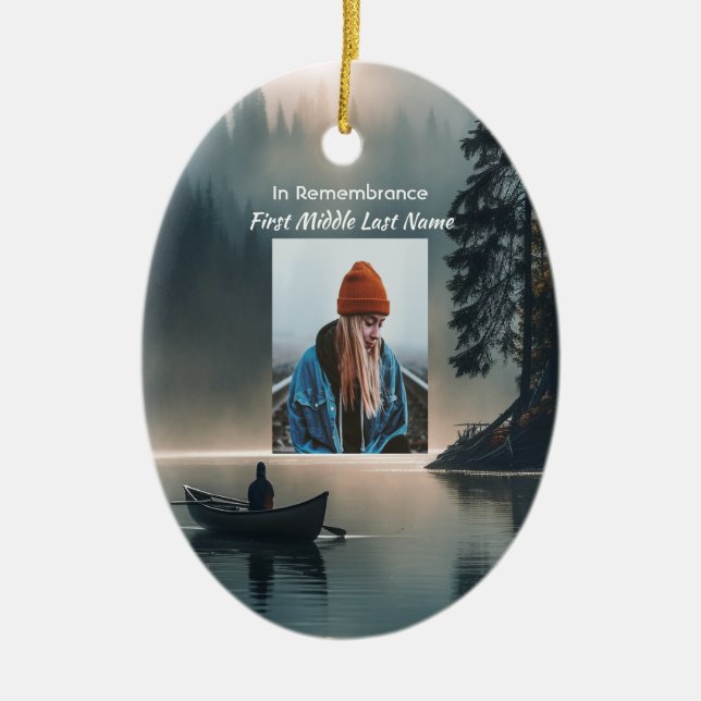 Christian Memory Keepsake Wilderness Lake Canoe Ceramic Ornament (Front)