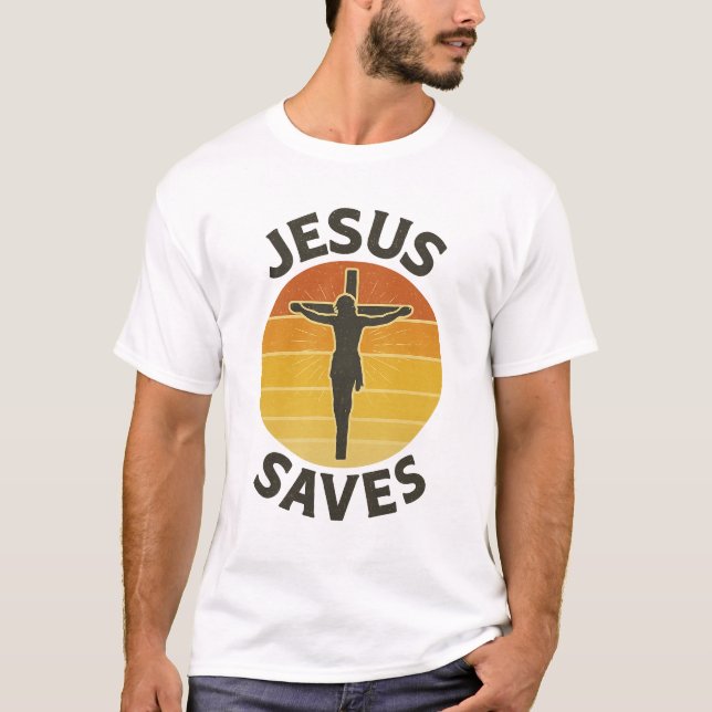 Christian Men’s T-Shirt Jesus Saves Retro Graphic (Front)
