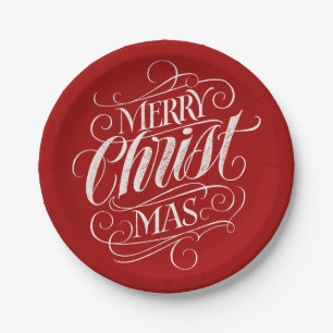 Christian Merry Christmas Chalk Lettering Red Paper Plate