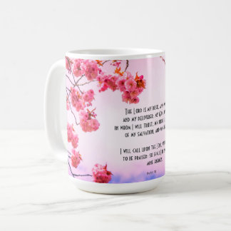 Christian mug with scriptures and cherry blossom