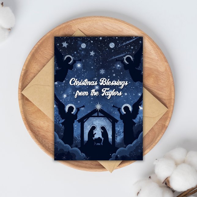 Christian Nativity Scene Christmas Holiday Card (Christian Nativity Christmas Card with Angels and Luke 2:13-14 Scripture)