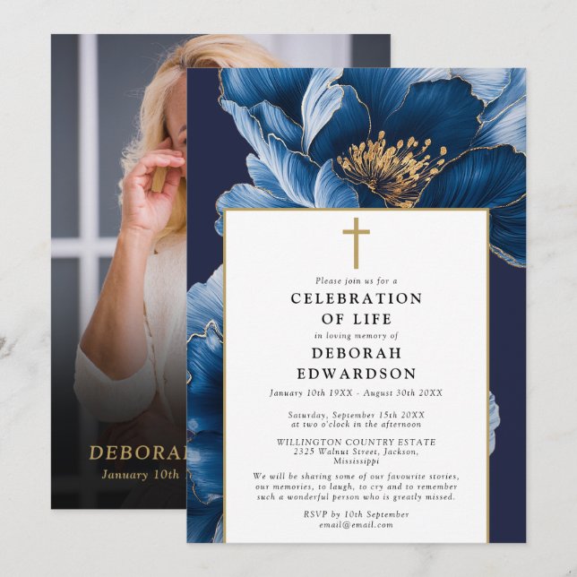 Christian Navy Blue Celebration Of Life Photo Invitation (Front/Back)