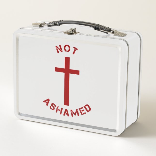 Christian Not Ashamed Red Cross and Bible Verse Metal Lunch Box (Front)