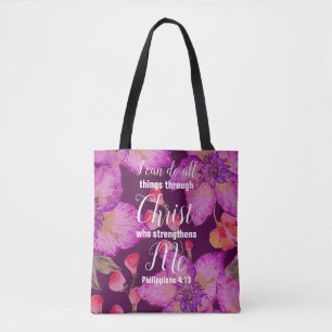Christian Philippians 4:13 Bible Verse Floral Tote Bag