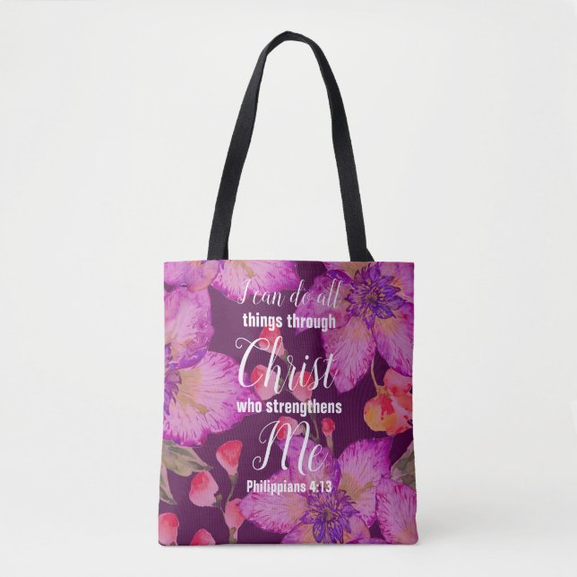 Christian Philippians 4:13 Bible Verse Floral Tote Bag (Front)