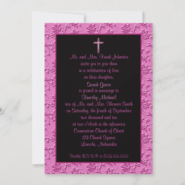 Christian Pink and Black Cross Wedding Invitation (Front)