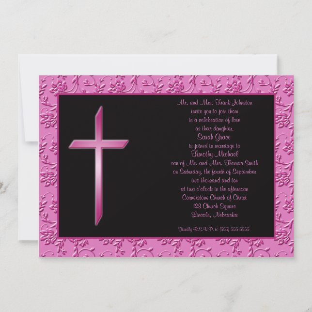 Christian Pink Cross on Black Wedding Invitation (Front)