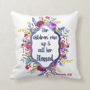Christian Proverbs 31:28 Bible Verse Floral Pink Throw Pillow