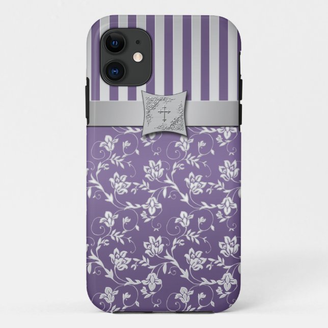 Christian Purple Silver Floral Stripes iPhone 5 Case-Mate iPhone Case (Back)