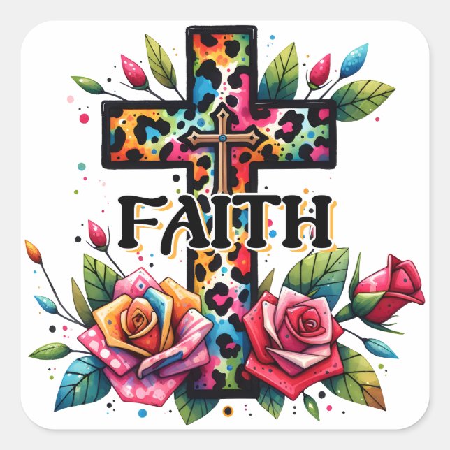 Christian Rainbow Faith Cross Square Sticker (Front)