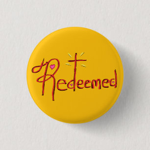 Christian ‘Redeemed’ with Cross and Hearts Yellow 1 Inch Round Button