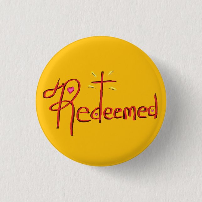 Christian ‘Redeemed’ with Cross and Hearts Yellow 1 Inch Round Button (Front)