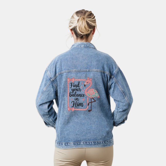 Christian Religious Faith Bible Verse Flamingo Denim Jacket (Model)
