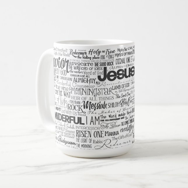 Christian Religious Names of God Text Black White Coffee Mug (Front Left)