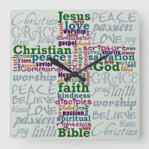 Christian Religious Word Art Cross Square Wall Clock