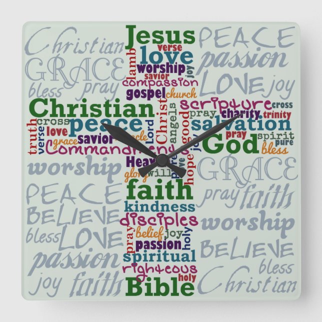 Christian Religious Word Art Cross Square Wall Clock (Front)